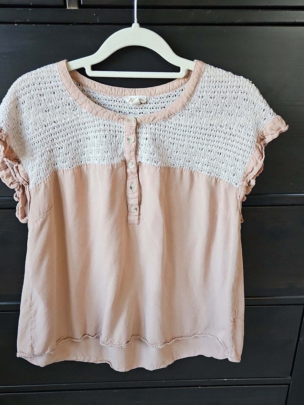 Hem & Thread Blush and White Knit-Yoke Ruffle Sleeve Blouse